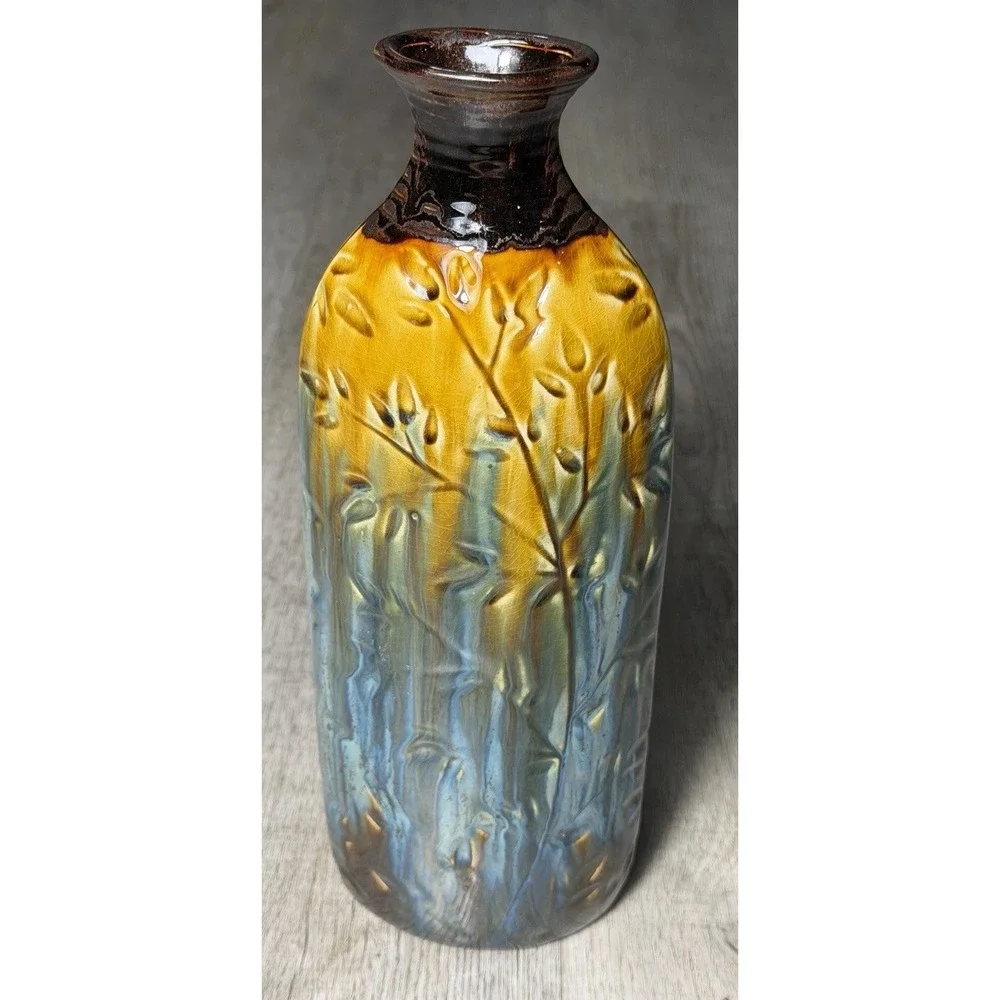 Vintage Style Blue Brown Drip Glaze Art Pottery Vase Embossed Floral Relief